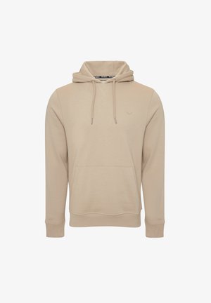 Beige hoodie met lange mouwen, een voorzak en een trekkoord. Zachte stof met een subtiele textuur en een klein logo.