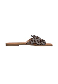 Infradito con stampa leopardata, realizzati con un upper in tessuto morbido, design a fascia incrociata, suola piatta e suola in gomma marrone chiaro.