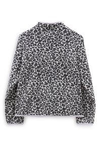 Veste polaire à manches longues avec motif léopard noir et blanc, col montant et poignets élastiques, vue de dos.