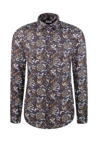Mannen overhemd met lange mouwen, met een bruine, witte en blauwe bloemenprint en een klassieke kraag.