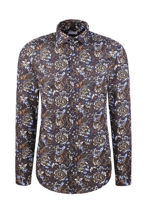 Camicia da uomo a maniche lunghe con bottoni, motivo floreale in marrone, bianco e blu e colletto classico.