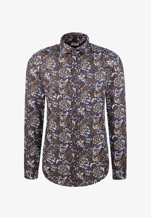 Camicia da uomo a maniche lunghe con bottoni, motivo floreale in marrone, bianco e blu e colletto classico.