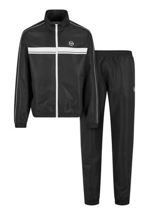 Black tracksuit with a zip-up jacket featuring a high collar, white stripes, and matching elastic waist pants. Material appears smooth and lightweight.
