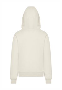 Hellbeige Baumwoll-Hoodie mit großer Kapuze, langen Ärmeln sowie geripptem Saum und Bündchen. Er zeichnet sich durch eine glatte Textur und ein einfaches Design aus.