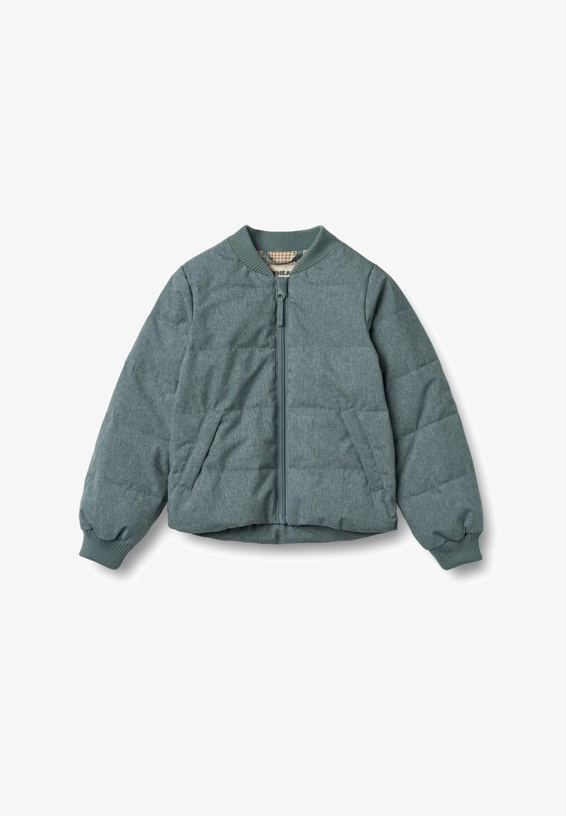 Veste bomber matelassée en teal muted, dotée d'une fermeture éclair, de poignets côtelés et de poches latérales, avec une finition lisse et texturée.
