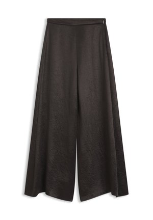 Black wide-leg textured pants with a high waist and side zipper closure, displayed flat on a white background.
