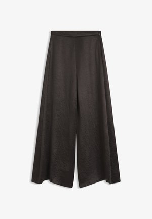 Musta, leveälahkeiset teksturoidut housut, joissa on korkea vyötärö ja sivuvetoketjusulku, esitettynä tasaisesti valkoisella taustalla.