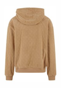 Pull à capuche beige avec un motif en damier tricoté texturé et des poignets et un bas côtelés, vu de dos.