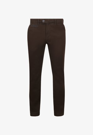 Braune Herrenhose aus einem Baumwollmischgewebe. Slim-Fit-Design mit einem Knopfverschluss und einer kleinen Vordertasche mit Reißverschluss.