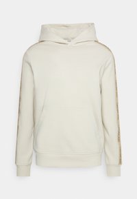 Felpa crema con tasca frontale, cappuccio e strisce laterali a contrasto in tonalità tan con testo. Realizzata in tessuto morbido con polsini a costine.