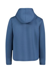 Niebieska bluza z kapturem o miękkiej fakturze, z kapturem na sznurek, długimi rękawami i zaokrąglonym dołem. Prosty, bezszwowy design bez widocznych zapięć.