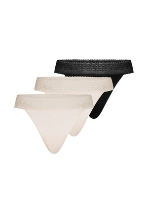 Three women's lace-trimmed bikini panties in black and light beige, arranged overlapping on a white background.