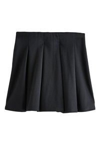 Jupe noire plissée, en tissu doux. Caractérisée par une ceinture ajustée et une silhouette évasée. L'ourlet est uniforme sans aucune décoration.