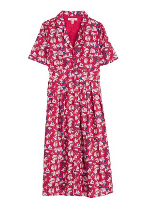 Rode jurk met korte mouwen en een kraag, met een bloem- en geometrisch patroon in roze, wit en blauw. Pasvorm met uitlopende onderkant.