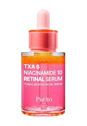 Flacone contagocce in vetro trasparente con siero rosa e bolle arancioni, etichettato TXA 6 Niacinamide 10 Retinal Serum di Purito, 30 ml.