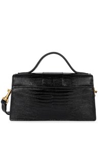 Sac à main en cuir noir embossé crocodile avec une forme structurée, une anse supérieure, une bandoulière amovible et des accents en métal doré.