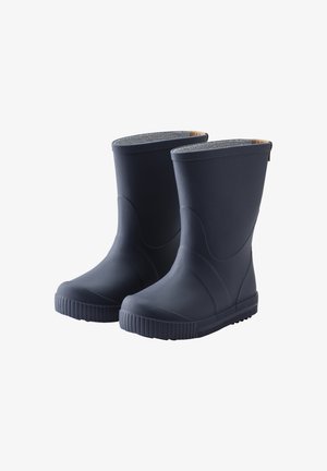 Marineblaue Gummiregenstiefel mit glatter Oberfläche, runden Zehen, strukturierten Innenflächen und genoppten Sohlen für guten Halt. Kurzes Knöchelhöhen-Design.