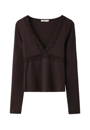 Stradivarius, LONG SLEEVE V-NECK LACE TOP - T-shirt à manches longues - dark brown