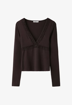 Stradivarius, LONG SLEEVE V-NECK LACE TOP - T-shirt à manches longues - dark brown