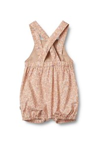 Short en fleur en tissu rose pastel avec des bretelles croisées, une taille élastique et des jambes froncées. Présente de petits motifs floraux sur l'ensemble.