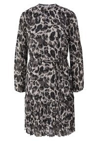 Robe à manches longues plissée avec imprimé léopard noir et gris, col montant, taille élastique avec fine ceinture à nouer et ourlet froncé.