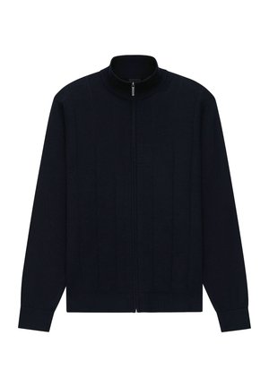 Marineblauer Pullover mit durchgehendem Reißverschluss, geripptem Kragen, Bündchen und Saum, mit dezentem vertikalem Strickmuster auf der Vorderseite und langen Ärmeln.