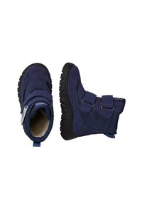 Marinblå vinterkängor för barn med övre i mocka och mesh, kardborreband, gummisula och textilinlägg. Rund tån design med grepp.