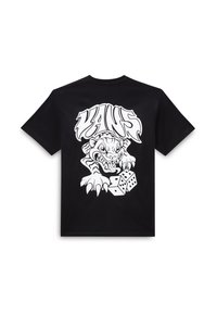 Czarny t-shirt z krótkim rękawem z białą grafiką przedstawiającą dzikiego tygrysa z pazurami i kostkami do gry. Odważny napis "VANS" nad wzorem.