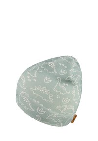Light green beanie featuring white dinosaur and foliage print. Soft fabric with a snug fit and a small brown brand label on the side.