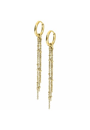 Goldene Creolen mit mehreren zarten, hängenden Kettensträngen, verziert mit kleinen goldenen Perlen.