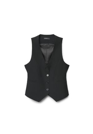 Gilet noir sans manches cintré avec quatre boutons sur le devant et un ourlet en pointe, fait en tissu lisse avec une doublure satinée.