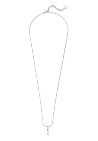 Zilveren ketting met een gladde, dunne schakel en een ronde hanger die uit het midden hangt, met een gepolijste afwerking. Verstelbaar met een schakelsluiting.