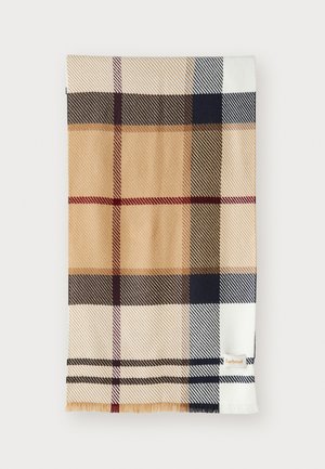 Geruite sjaal in beige, bruin en marineblauw met een gestructureerde weving. Afgewerkt met franjes en een klein merklabel.