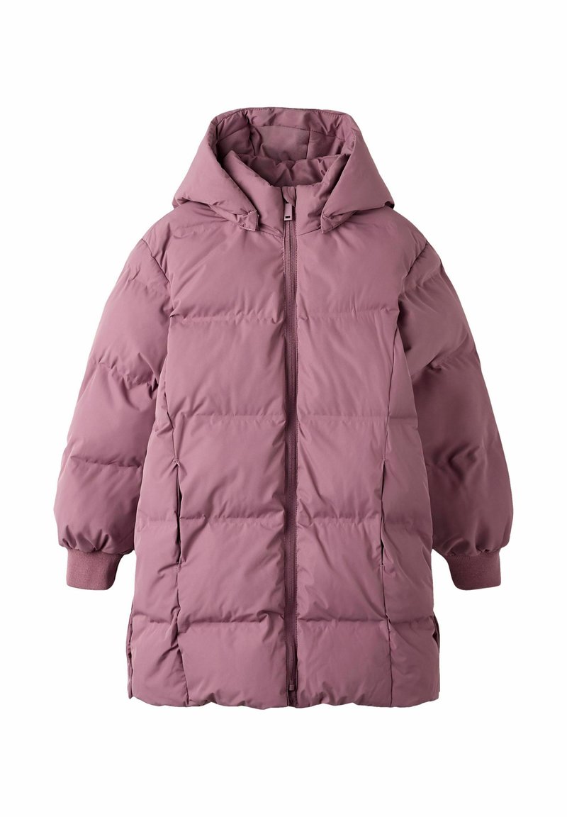 Voeringjack in zacht mauve met een rits en capuchon. Voorzien van elastische manchetten en een horizontaal doorgestikte patroon voor isolatie.