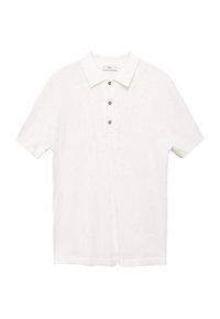 Polo blanc à manches courtes avec un design nervuré texturé, trois boutons et un col pointu. Présente un ourlet droit.