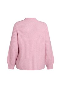 Soft pink ribbed knit sweater with long, slightly puffed sleeves and crew neckline, shown from the back.