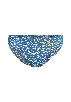 Modri bikini spodnji del z abstraktnim vzorcem v rumenih, zelenih in belih odtenkih. Narejen iz raztegljivega materiala z gladko teksturo.