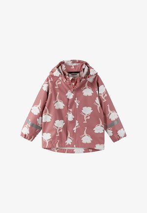 Veste imperméable rose avec motif floral blanc, poignets élastiques, capuche ajustable et bande réfléchissante sur les manches.