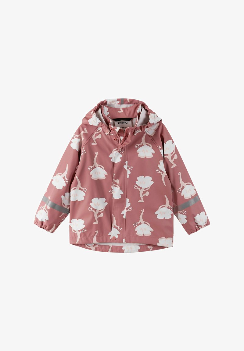 Rózsaszín vízálló dzseki fehér virágmintával, rugalmas mandzsettákkal, állítható kapucnival, és fényvisszaverő csíkkal az ujjakon.