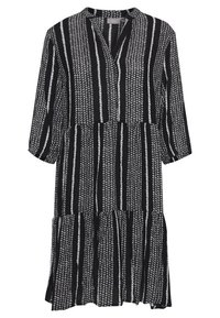 Musta-valkoinen kuvioitu mekko, jossa on nappikaulus, kolmanneksen mittaiset hihat ja kerroksellinen helma, joka sisältää pystysuoria raitoja ja tekstuuripintaa.