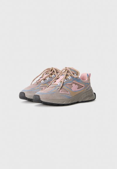 Lightweight sneakers featuring a mix of soft gray suede and mesh, with pink and blue accents, sturdy black rubber sole, and lace-up design.