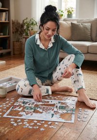 Ženska v pižami sedi na lesenem tleh in sestavlja zimskem motivu sestavljanko, ob njej so raztresene kose sestavljanke in skodelica.