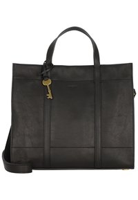 Borsa tote in pelle nera con forma rettangolare strutturata, dotata di manici superiori, tracolla staccabile e dettaglio a forma di chiave.