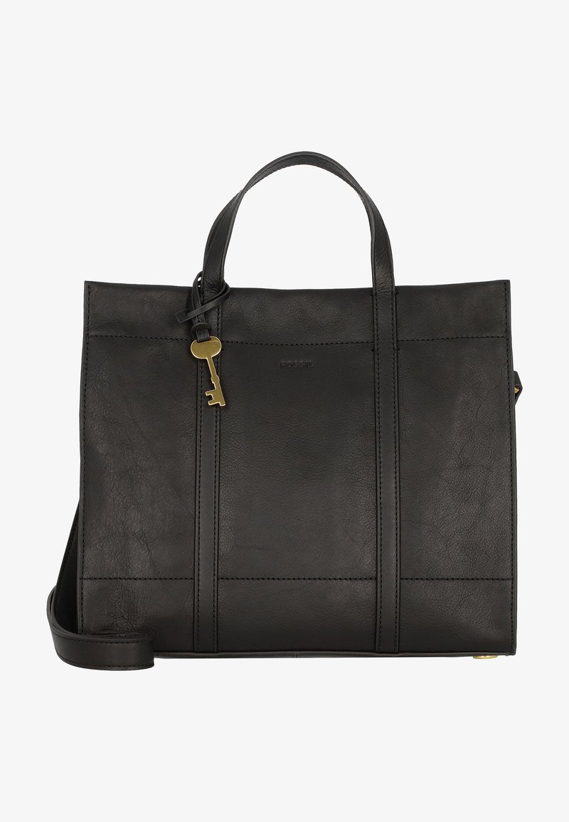 Borsa tote in pelle nera con forma rettangolare strutturata, dotata di manici superiori, tracolla staccabile e dettaglio a forma di chiave.