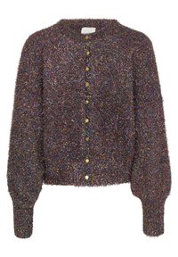 Pehmeä neulecardigan tummissa monivärisissä sävyissä, joissa on kimalteleva pinta. Varustettu kultaisilla napilla ja ribatusta hihasta; istuva muotoilu pyöreällä kaula-aukolla.