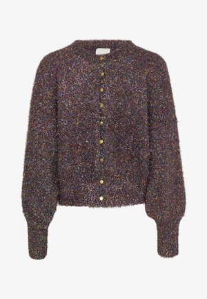 Mīksts kardigāns tumšās daudzkrāsās ar spīdīgu tekstūru. Aprīkots ar zelta pogām un ribotiem piedurknēm; pieguļošs izskats ar apaļu dekoltē.