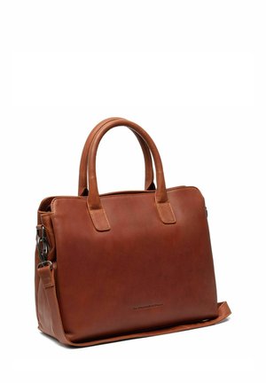 Brown leather handbag with dual top handles and detachable shoulder strap. Smooth texture, rectangular shape, minimalistic design, logo detail.