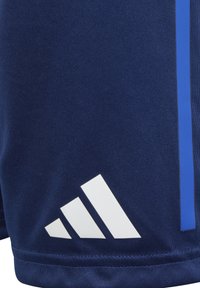 Marineblaue Sportshorts aus glattem Stoff mit einem weißen Drei-Streifen-Logo und einem blauen vertikalen Streifen an der Seite.