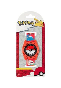 Montre Pokémon avec un boîtier en plastique orange et un bracelet à motif comprenant des personnages. Cadran noir et blanc avec accents rouges et marqueurs d'heure clairs.