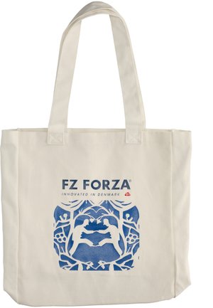 Beige mulepose med to håndtag, med en blå grafik af to personer, der står overfor hinanden, og tekst "FZ Forza Innovated in Denmark" med et lille dansk flag.
